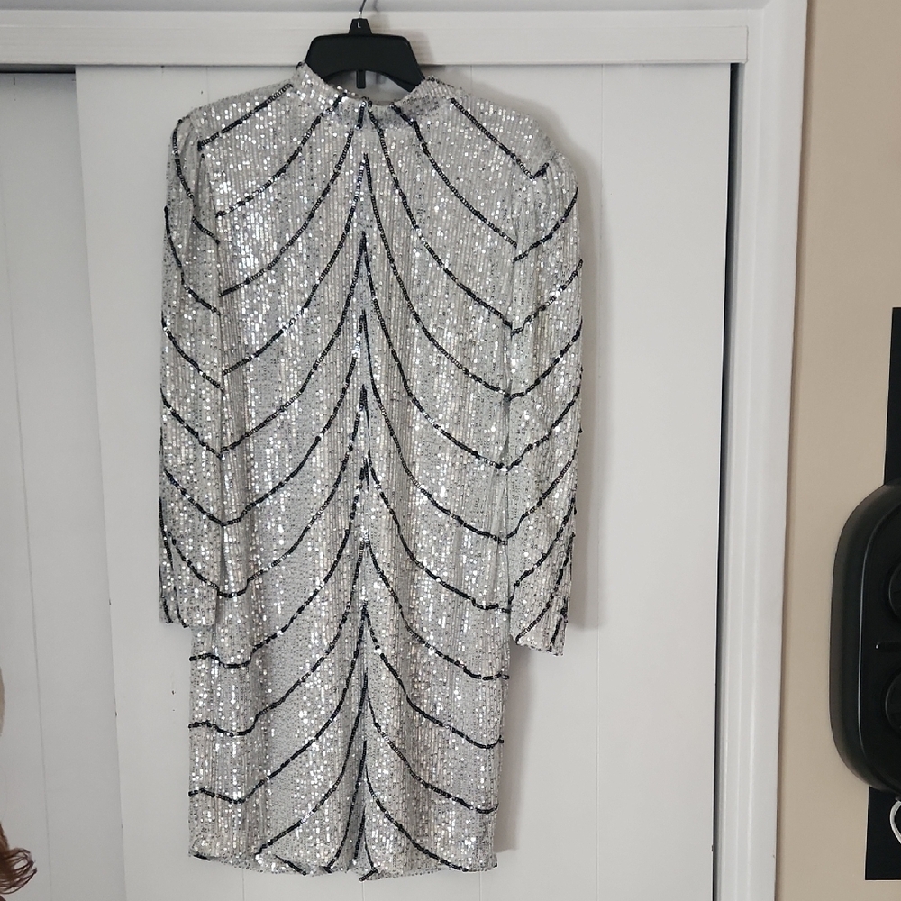 Premier Silver Sheath Dress with Bishop Sleeves